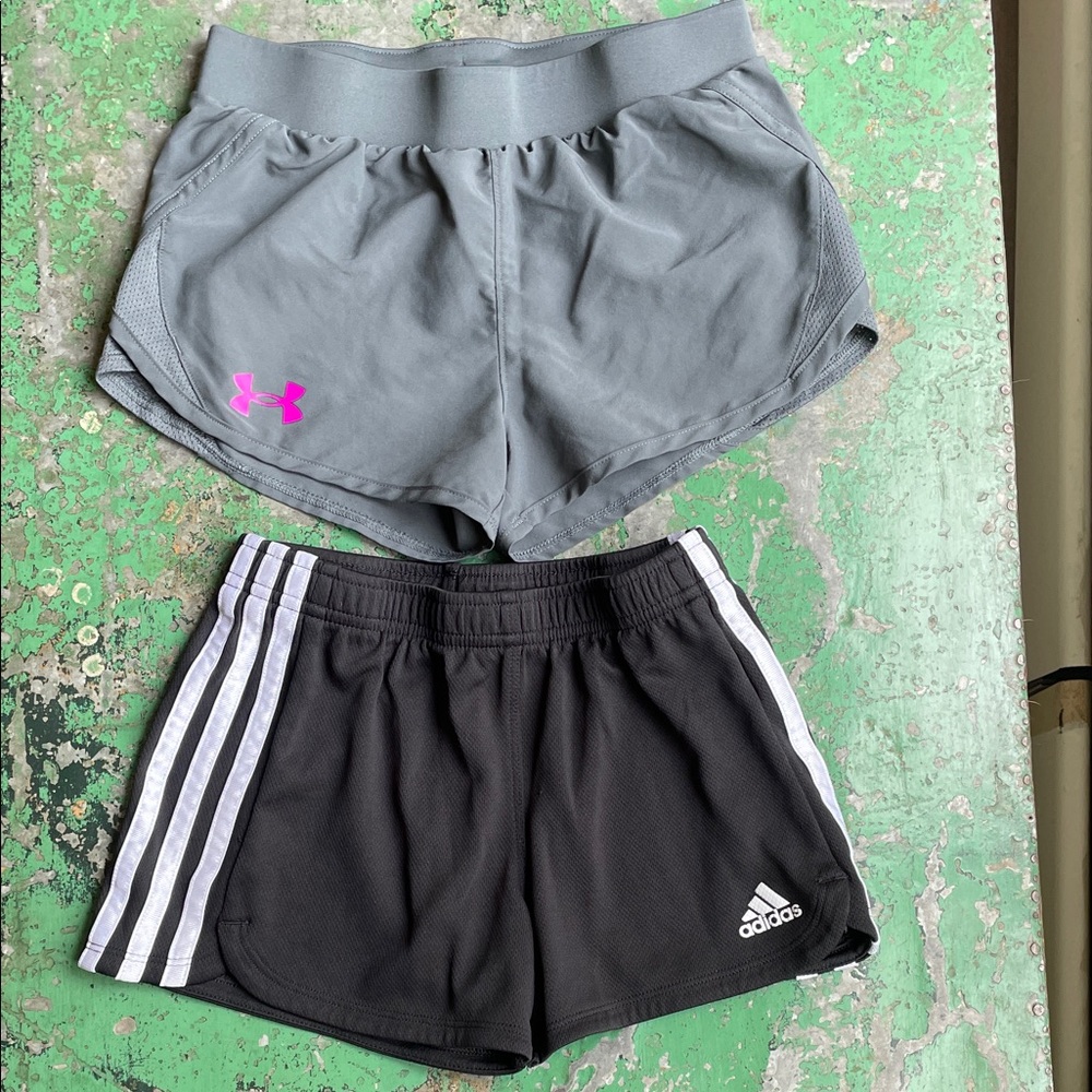 Set of Under Armour and Adidas youth shorts.